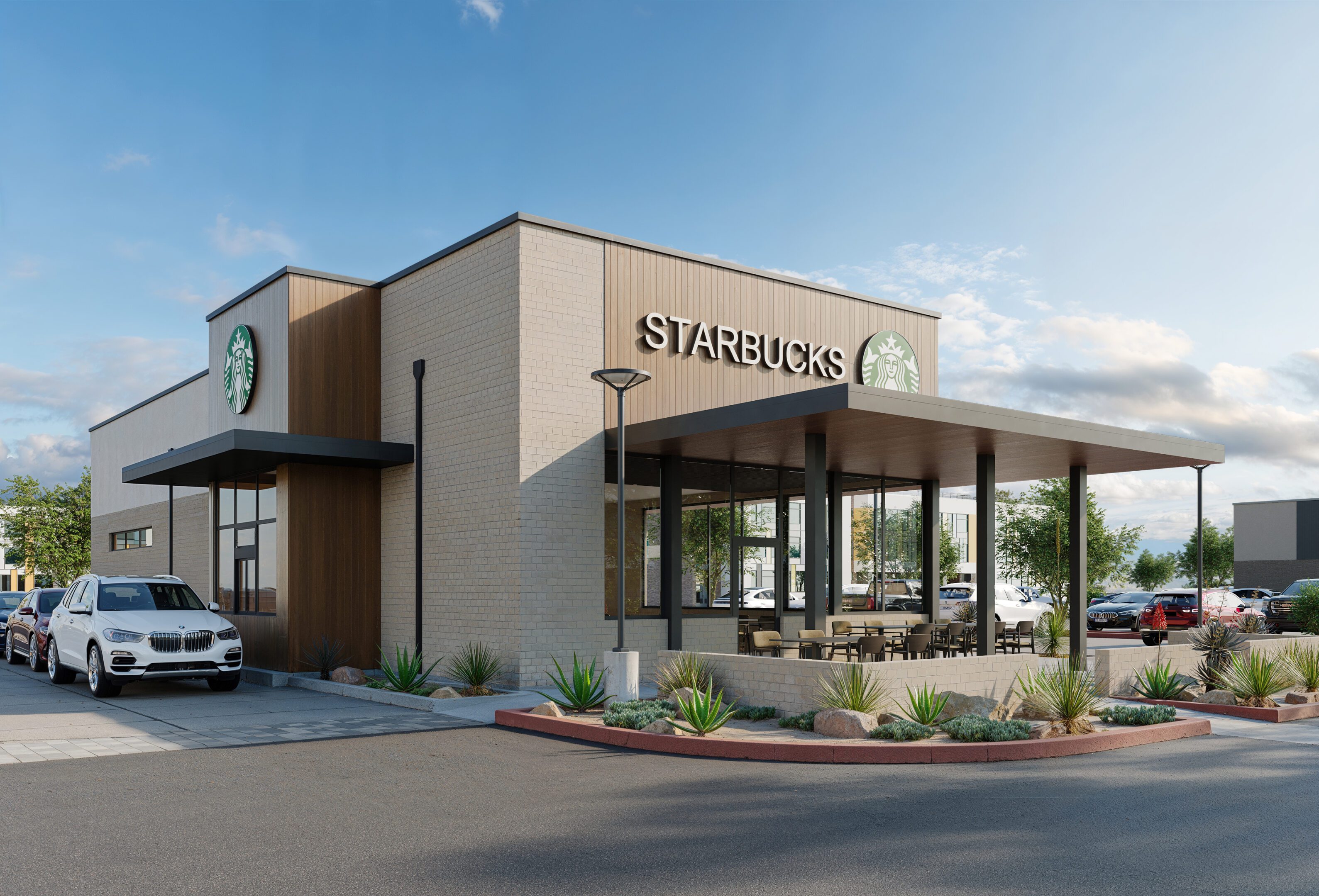 Starbucks storefront with covered outdoor seating