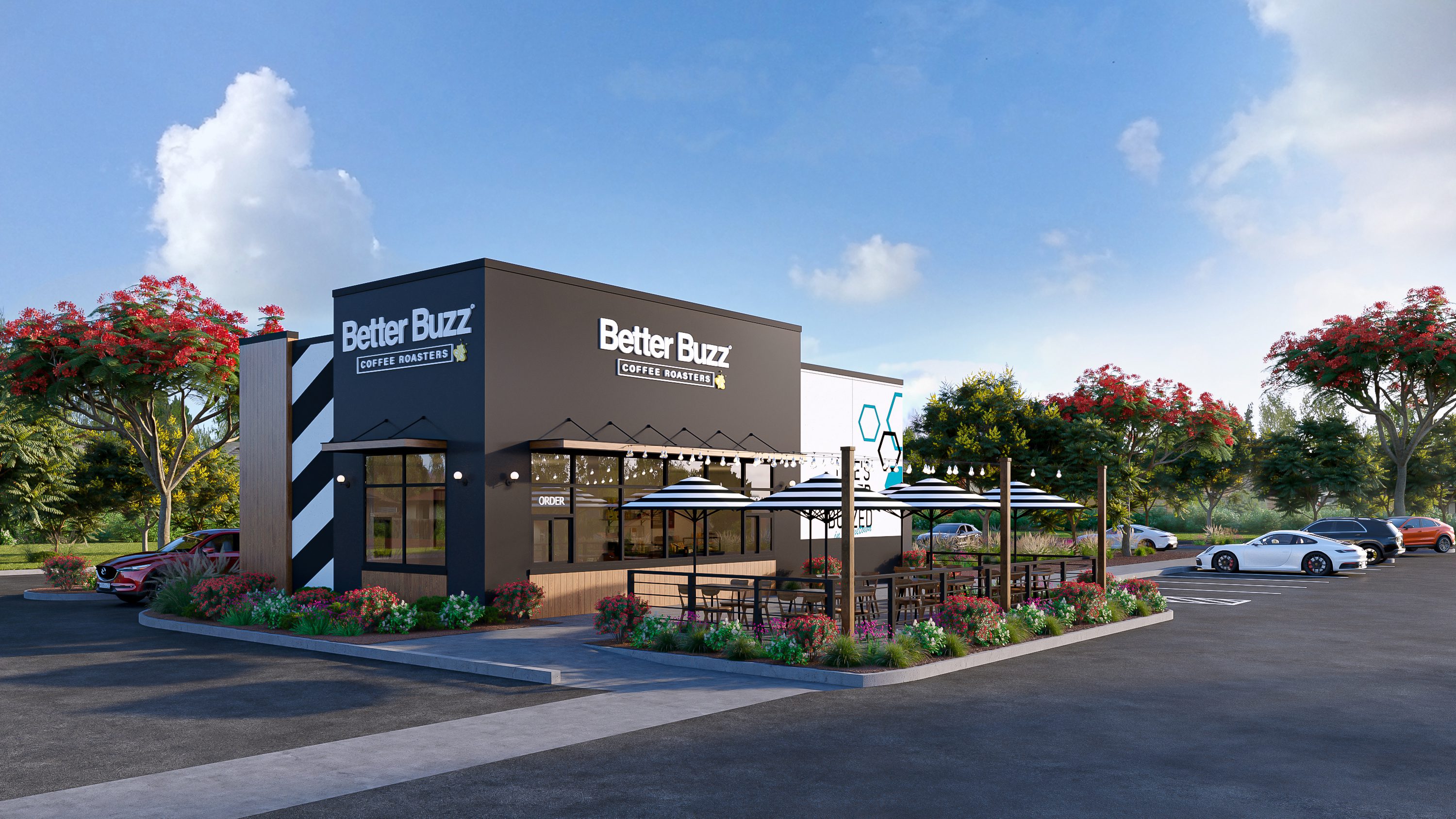 Modern coffee shop with outdoor patio seating