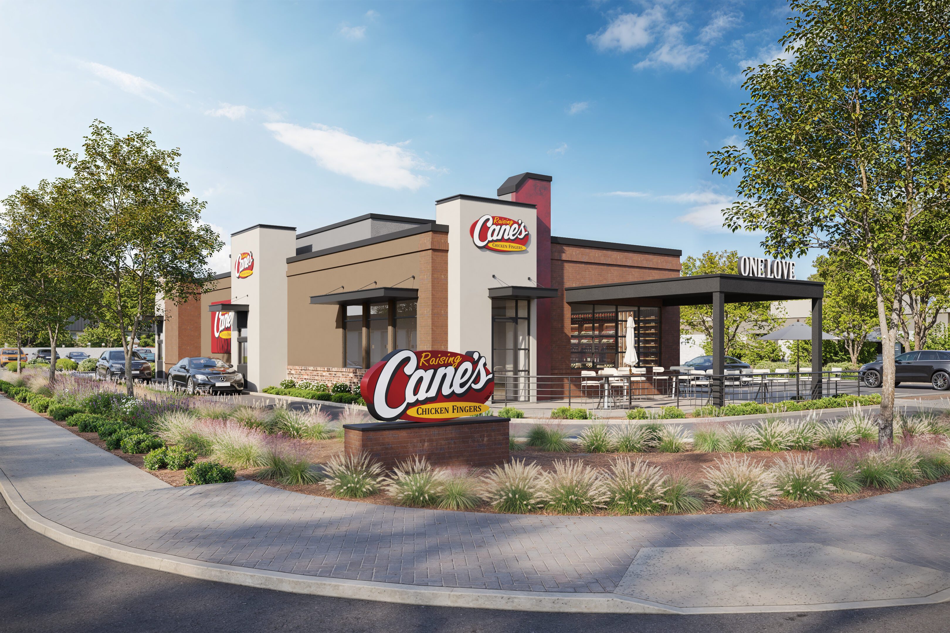 Raising Cane's restaurant exterior with outdoor seating