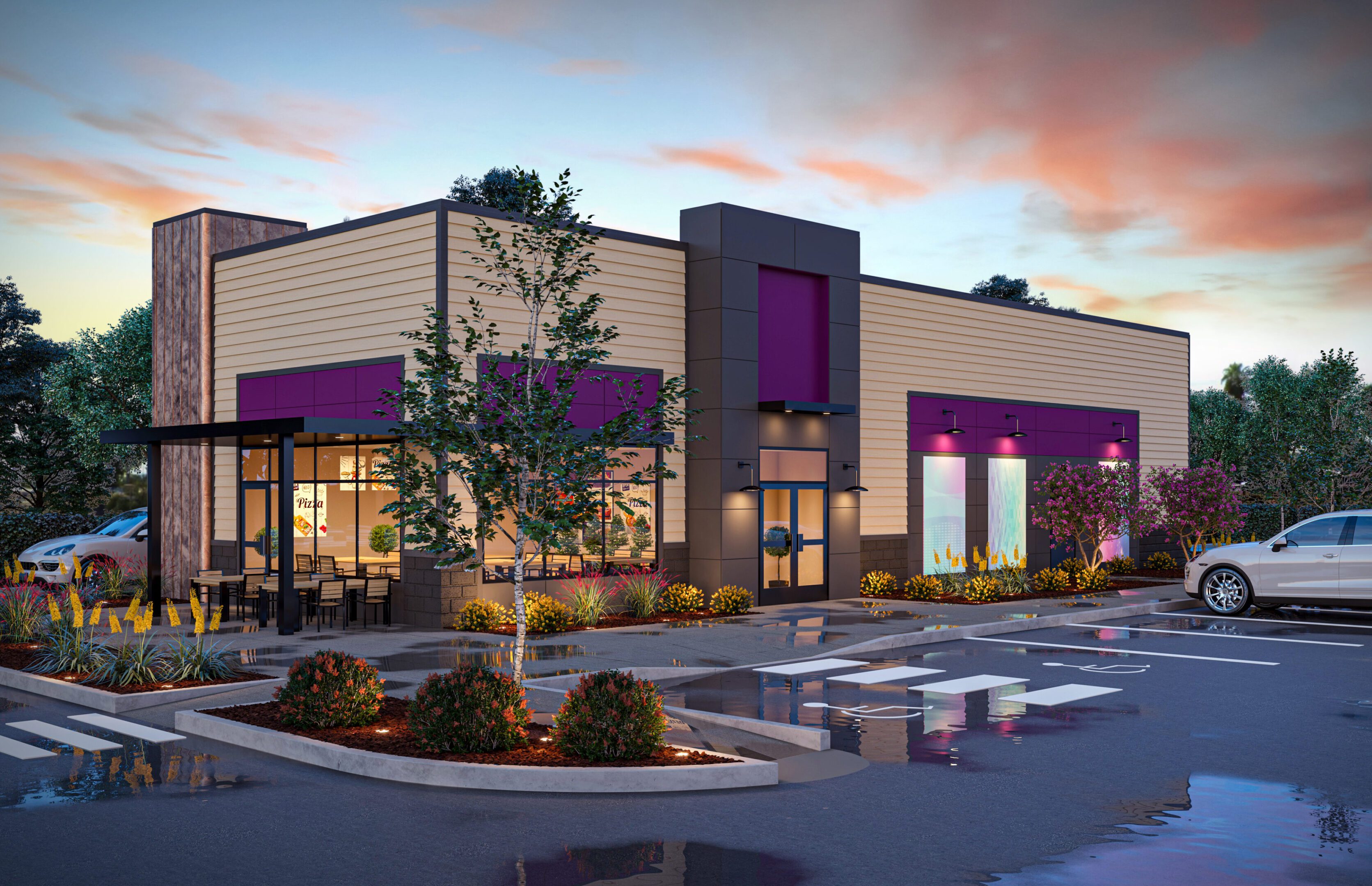 Modern purple accented cafe exterior at dusk