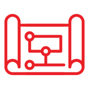 Red circuit blueprint icon on black background