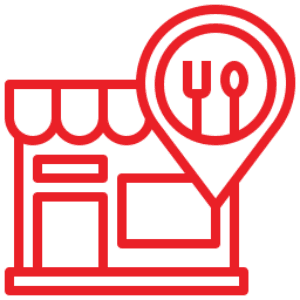 Red restaurant location pin and storefront icon