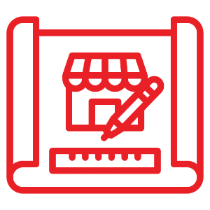 Red storefront blueprint with pencil and ruler
