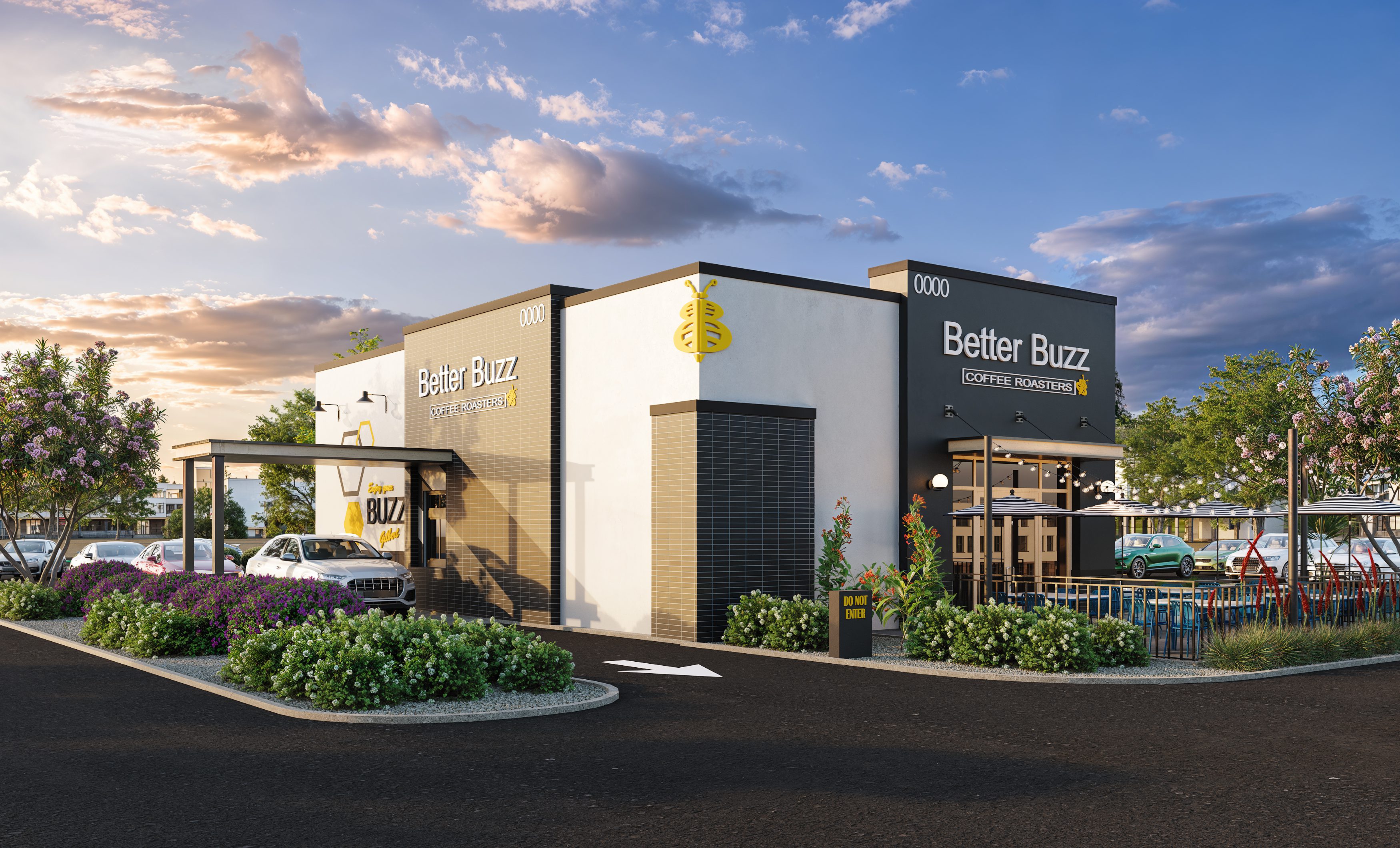 Better Buzz coffee shop exterior with parking