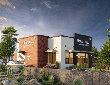 Better Buzz coffee shop exterior with landscaping