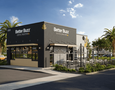 Better Buzz coffee shop exterior with outdoor seating