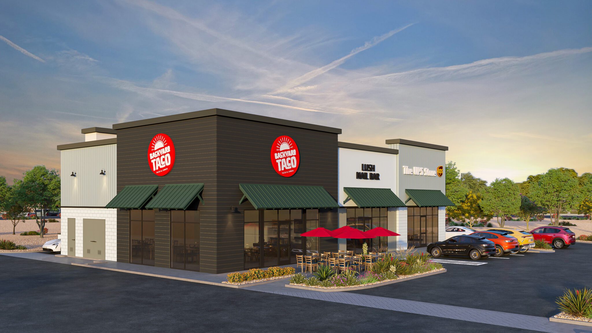 Modern taco restaurant exterior with patio