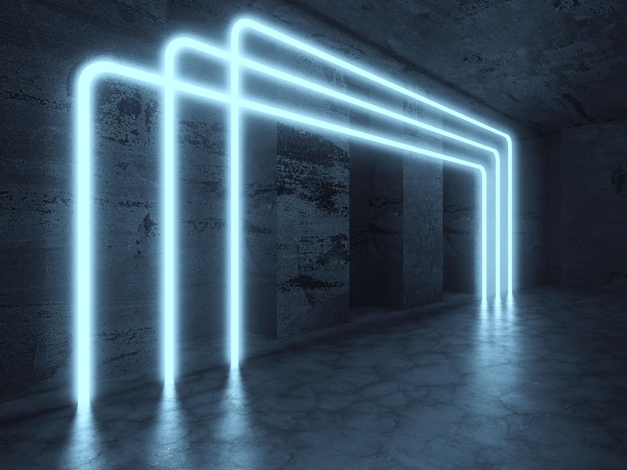 Futuristic blue neon light arches in concrete room