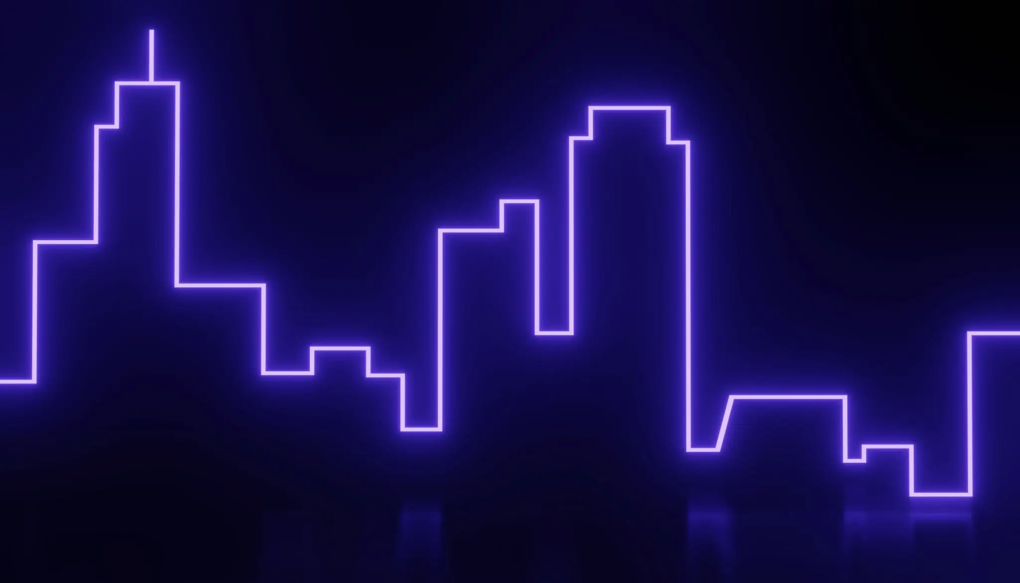 Purple neon city skyline outline on black