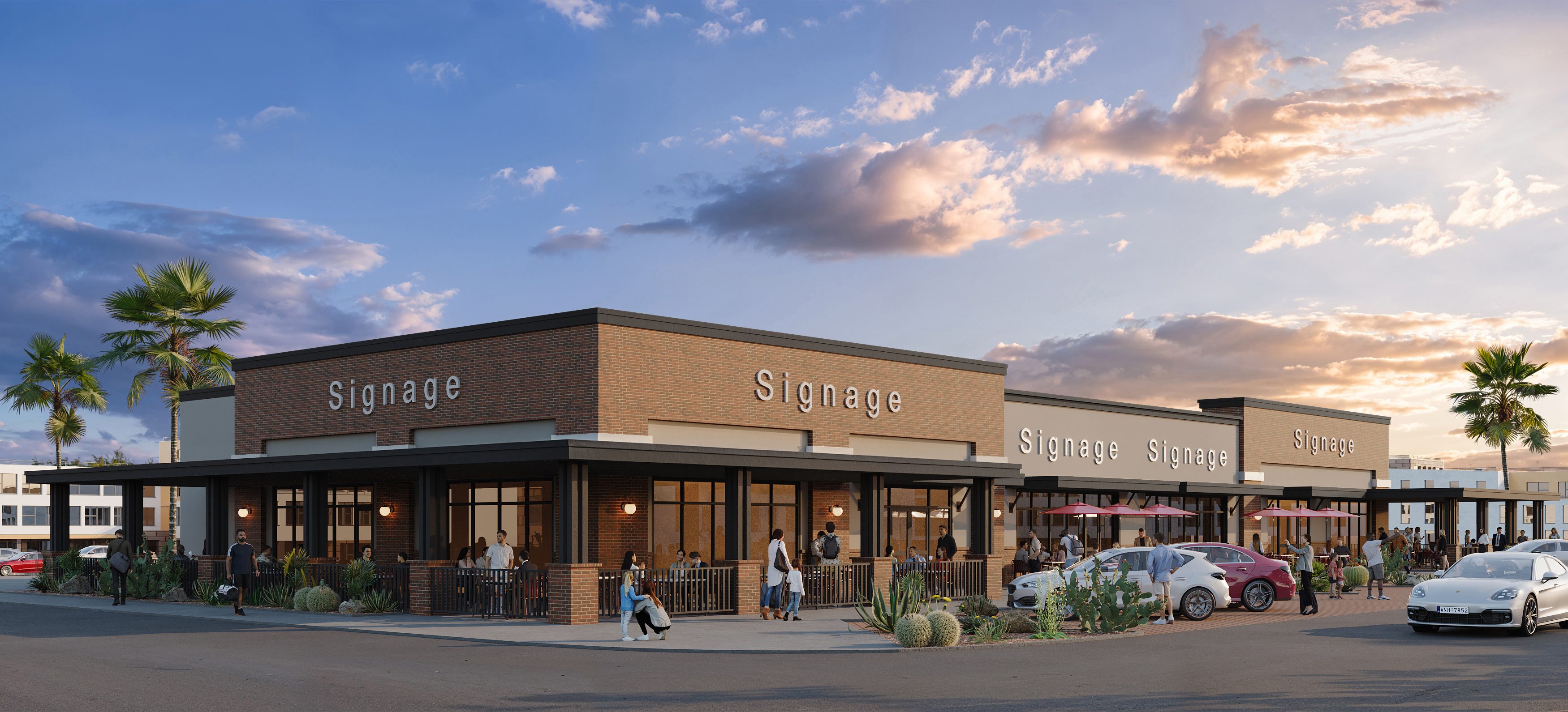Modern strip mall with outdoor seating