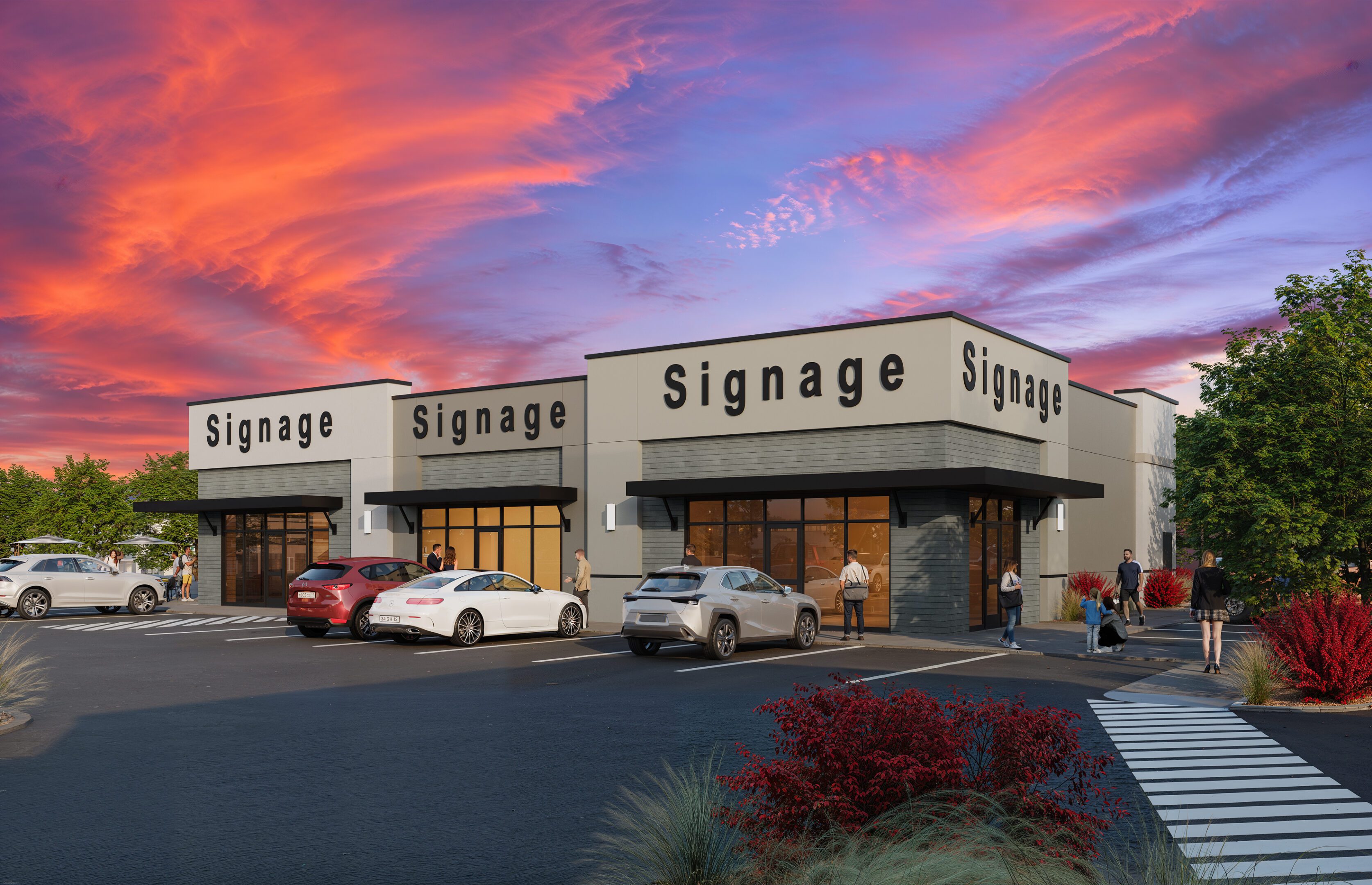 Retail storefronts labeled Signage at sunset